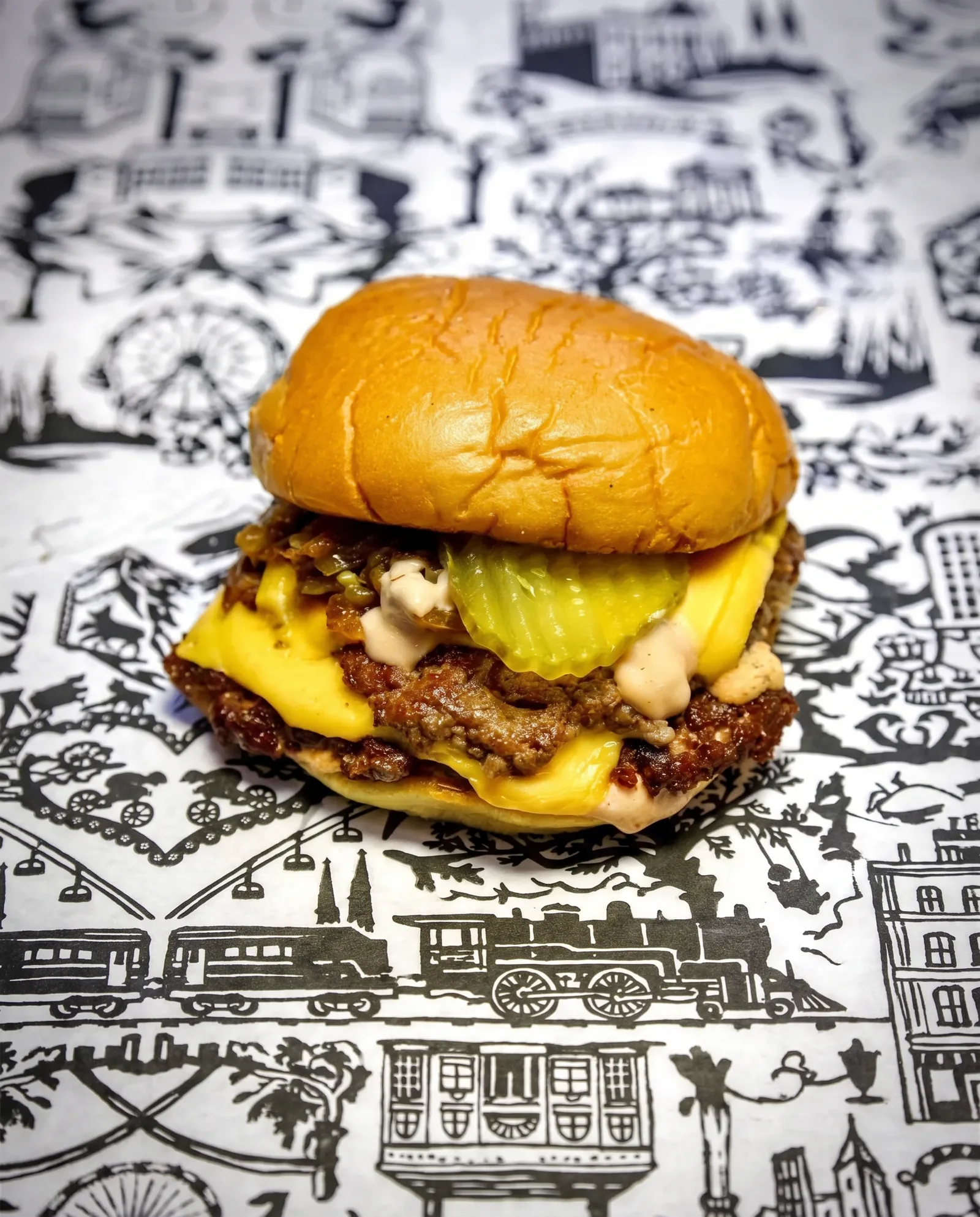 Double Smashburger auf dem DÄ-Papier: zwei gesmashte Pattys mit Cheddar, karamellisierten Zwiebeln, Gewürzgurke und Homemade Sauce im Martin's Potato Bun